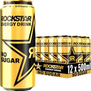 Rockstar Energy Original in a black star-studded can with large gold logo, condensation, ice cubes, bold energy aura – powerful O.G. energy drink
