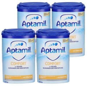 Aptamil First Infant Formula – nutritionally complete milk‑based baby powder in an 800 g canister, with a measuring scoop and a feeding bottle, set against a soft white background with gentle blue accents – the trusted choice for bottle‑fed babies.