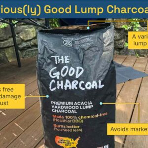 BBQ hardwood lump charcoal pieces in various sizes in a metal basket with fire and smoke
