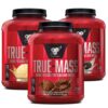 BSN True Mass lean mass gainer powder in a black and red tub – ultra‑premium protein and carbohydrate matrix for muscle growth and weight gain. 50g protein, 700 calories, 90g carbs per serving. Available in Chocolate Milkshake, Vanilla Ice Cream, and Strawberry Milkshake flavors. Ideal for hard gainers and post‑workout recovery.