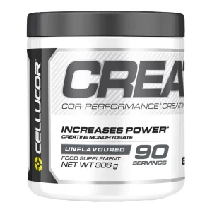 Cellucor COR‑Performance Creatine Monohydrate powder in a black and red tub with a scoop, pouring ultra‑fine micronized creatine into a shaker bottle – pure creatine monohydrate for strength gains, lean muscle growth, and faster post‑workout recovery.