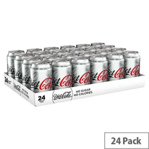 Diet Coke in a silver 12 fl oz can and 20 fl oz plastic bottle, with ice cubes, fresh lemon slices, and the iconic silver and red branding on a bright background.