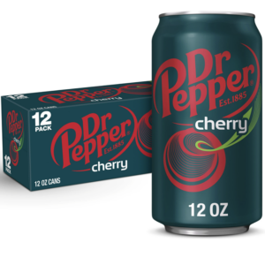 Dr Pepper original soda cans and bottles with ice cubes, showcasing the iconic dark red packaging and the 23‑flavor blend.