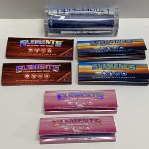 Elements Ultra Thin Rice Rolling Papers in classic packaging, showing the signature blue-orange branding, a single pure rice paper sheet held up to light revealing the criss‑cross watermark, with minimal residual ash after burning.