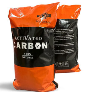 Fine black activated carbon powder in a container for filtration and purification