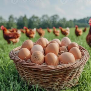 Free-range eggs in a rustic basket with hens grazing on green grass in a sunny pasture background