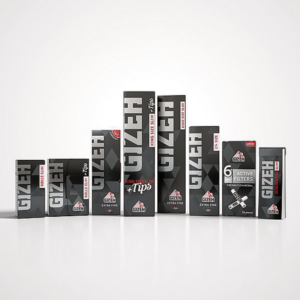 Gizeh rolling papers collection – black and silver design magnetic booklet with the signature Gizeh font, colour‑coded paper chart, natural flax and hemp texture, and German quality label.