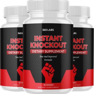 Instant Knockout fat burner capsules in a transparent fist‑shaped bottle – 90 bright red capsules. Natural thermogenic complex with glucomannan, green tea extract, cayenne pepper, and caffeine. Supports appetite suppression, metabolism boost, and energy for men and women.