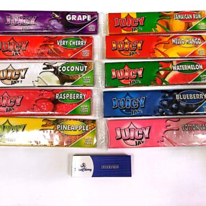 Juicy Jay’s flavored rolling papers display featuring a rainbow of flavor booklets – Strawberry, Watermelon, Blueberry, Bubblegum, Green Apple and Grape – with the iconic juicy fruit design and the brand’s colorful logo.