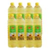 KTC Pure Sunflower Oil 1L bottle with golden oil being poured into a frying pan with fresh vegetables, high smoke point cooking oil, rich in vitamin E and polyunsaturated fats.