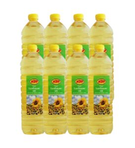 KTC Pure Sunflower Oil 1L bottle with golden oil being poured into a frying pan with fresh vegetables, high smoke point cooking oil, rich in vitamin E and polyunsaturated fats.