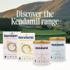 Kendamil infant formula – Classic, Organic and Goat ranges in premium 800g canisters, whole milk powder, with fresh milk bottles, green fields, grass-fed cows, and the British Lake District landscape – proudly made in the UK.