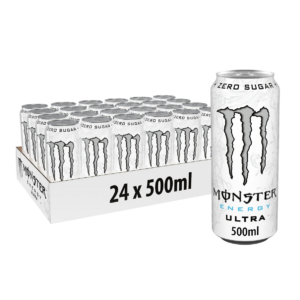 Monster Energy Ultra White Zero Sugar in a sleek white and silver can with the iconic M‑claw logo, condensation droplets, and a pour of light citrus energy drink into a glass – zero sugar, full energy.