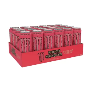 Monster Pipeline Punch in a vibrant purple and blue can with tropical artwork, being poured into a glass with fresh passion fruit, orange slices, and guava halves – real fruit juice energy drink