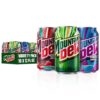 Mountain Dew original soda in a green 12 oz can, a 591 ml plastic bottle and a 2-liter bottle, with ice cubes and citrus fruit slices against a bright green background.