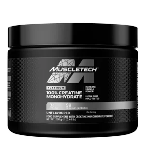 MuscleTech Platinum 100% Creatine in a black tub with red accents, a white scoop pouring ultra‑fine micronized powder into a shaker bottle – pure creatine monohydrate for muscle growth, strength gains, and rapid post‑workout recovery.