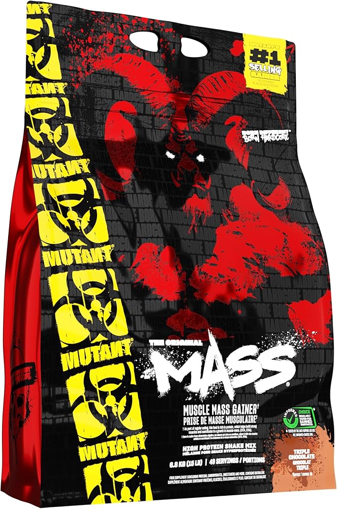 Mutant Mass extreme mass gainer powder in a black and green tub, a large scoop pouring creamy chocolate powder into a shaker bottle – 1,100 calorie weight gainer with 56g protein, 192g carbs, creatine, and BCAAs for massive muscle growth and strength gains.