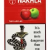 Nakhla Two Apples hookah tobacco in classic red packaging with 50g and 250g boxes, green and red apples, star anise pods, and a traditional Egyptian hookah pipe
