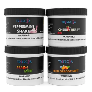 Trifecta Peppermint Shake hookah tobacco packaging – Blonde Leaf (white label with blue stripe) and Dark Leaf (black label with blue stripe), fresh mint leaves, vanilla bean, milkshake glass, and a hookah pipe on a cool blue background.