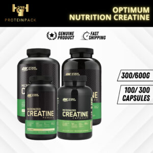 Optimum Nutrition Micronized Creatine Monohydrate Powder in a black and blue tub with a measuring scoop, pouring pure white micronized powder into a shaker bottle with a glass of water – 100% Creapure creatine for strength, power, and explosive recovery.