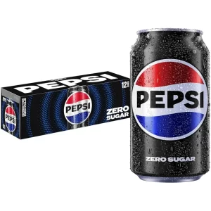 Pepsi Zero Sugar cola in a 12 oz blue-branded can, a 591 ml bottle, and a 2-liter bottle, alongside fresh lemon and lime slices and ice cubes.