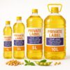 Premium Grade A refined soybean oil in a clear PET bottle, golden-yellow liquid being poured into a frying pan with fresh vegetables – high smoke point, neutral flavor, healthy cooking oil