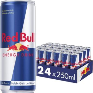Red Bull Original Energy Drink in a slim blue‑silver 250 ml can with iconic charging bulls logo, condensation droplets, ice cubes and dynamic motion blur – ready to vitalize body and mind