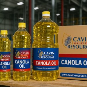 Premium refined canola cooking oil in a clear PET bottle, bright golden-yellow liquid being poured into a pan with vegetables; non-GMO and heart-healthy label, high smoke point for deep frying.