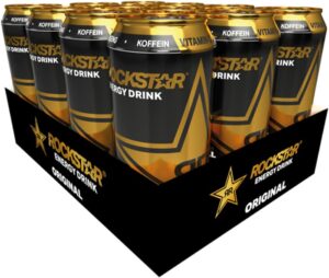 Rockstar Energy Original in a black star-studded can with large gold logo, condensation, ice cubes, bold energy aura – powerful O.G. energy drink