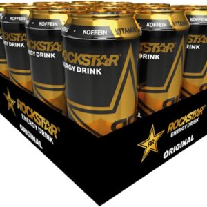 Rockstar Energy Original in a black star-studded can with large gold logo, condensation, ice cubes, bold energy aura – powerful O.G. energy drink