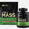 Optimum Nutrition Serious Mass weight gainer powder in a black and yellow tub, pouring creamy chocolate peanut butter powder into a shaker bottle – 1,250 calorie mass gainer with 50g protein, 250g carbs, creatine, and glutamine for extreme muscle building and weight gain.