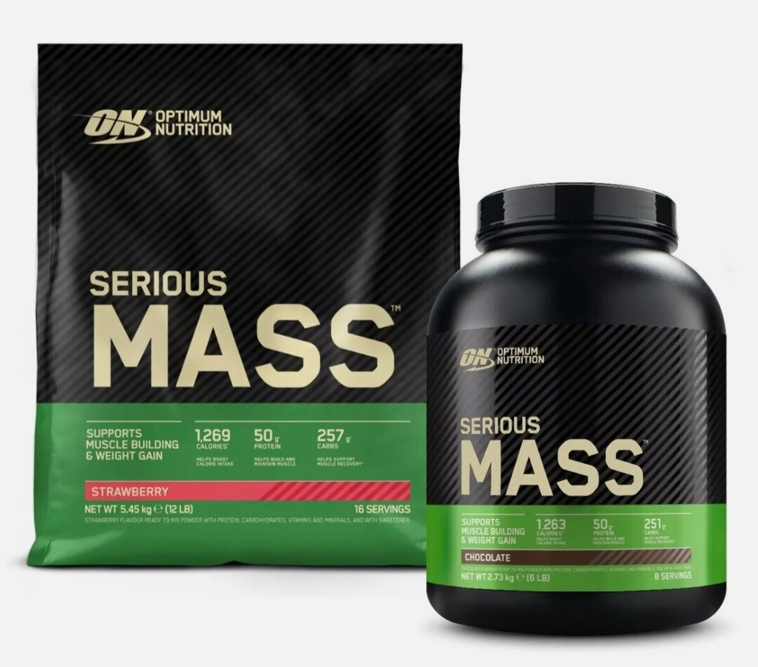 Optimum Nutrition Serious Mass weight gainer powder in a black and yellow tub, pouring creamy chocolate peanut butter powder into a shaker bottle – 1,250 calorie mass gainer with 50g protein, 250g carbs, creatine, and glutamine for extreme muscle building and weight gain.