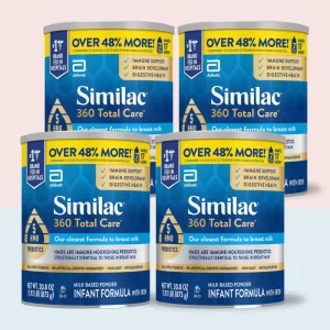 Similac 360 Total Care premium infant formula – white‑orange can with exclusive 5‑HMO blend, DHA, lutein, vitamin E; non‑GMO, no artificial growth hormones; milk‑based powder and ready‑to‑feed bottles supporting immune system, brain development, and digestive health for babies 0–12 months.
