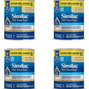 Similac infant formula powder in a white and orange can, pouring into a baby bottle, featuring the #1 hospital brand label, with a clean nursery background