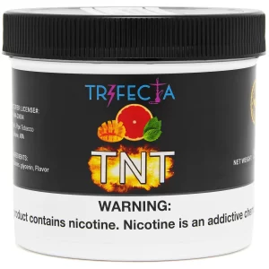Trifecta TNT hookah tobacco packaging – Blonde Leaf series in a red and orange label, fresh mango slices, ruby red grapefruit halves, mint leaves, and a hookah pipe on a bright tropical background