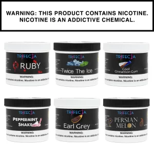 Trifecta Twice the Ice X hookah tobacco – Blonde Leaf packaging with blue and white label, extreme peppermint and menthol blend, ice crystals, mint leaves, and a hookah pipe on a frozen blue background.