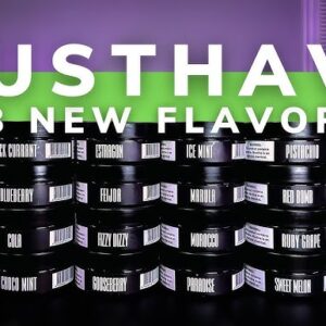 MustHave Dark Purple (Violet) hookah tobacco in the signature metal can, with fresh blueberries, golden melon slices, and spices spread around, with a hookah pipe in the background.