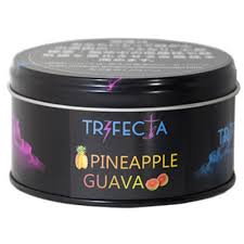 Trifecta Pineapple Guava hookah tobacco – Blonde Leaf series packaging, fresh pineapple slices and guava halves, tropical leaves, and a hookah pipe on a bright summer background